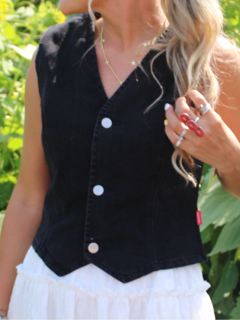Black Sleeveless Denim Vest with Button Front - Feminine Layering Piece